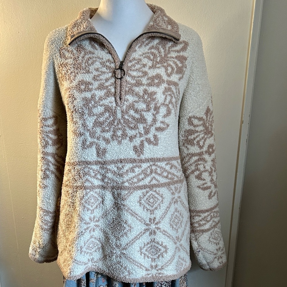 Knox Rose Cozy Fleece Ivory Taupe 1/4 Zip Damask Patterned Pullover Sweater